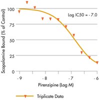 Radioligand binding displacement binding assays were performed with a constant radiolabeled scopolamine concentration (0.6 nM) and serial dilutions of unlabelled pirenzipine as compared to a control binding experiment without unlabelled pirenzipine (% of Control). Left: Displacement binding done with 4.38 µg receptor preparation in 100 µL using MutliScreen<sub>HTS</sub> 384-well filter plate. Results presented are from three separate experiments each performed in triplicate wells. Right: Displacement binding done with 8.75 µg receptor preparation in 200 µL using MutliScreen 96-well filter plate. Relative affinity values (IC50) were determined by fitting displacement binding inhibition values by non-linear regression using Prism™ data software. All data points are the average of triplicate experiments. Filter plates were dried prior to the addition of Supermix™ (10 µL in 384-well plates and 50 µL in 96-well plates). Counting was done in a MicroBeta® Trilux. NOTE: All counting is done with underdrain on for both 96- and 384-well plates.